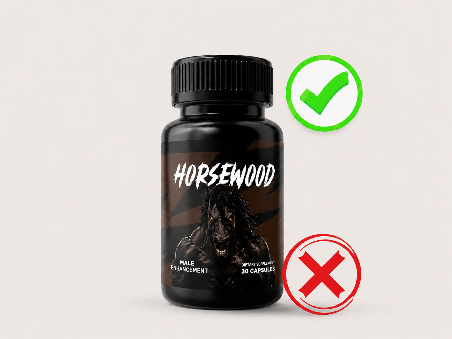 Horsewood supplement bottle with pros and cons symbols